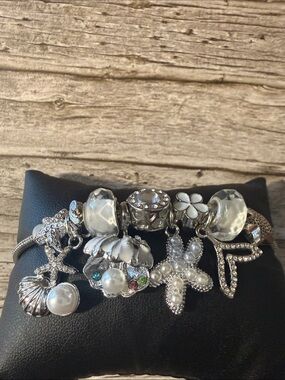 Silver Charm Bracelet with Ocean Seashell, Starfish Pearl Charms Stainless Steel